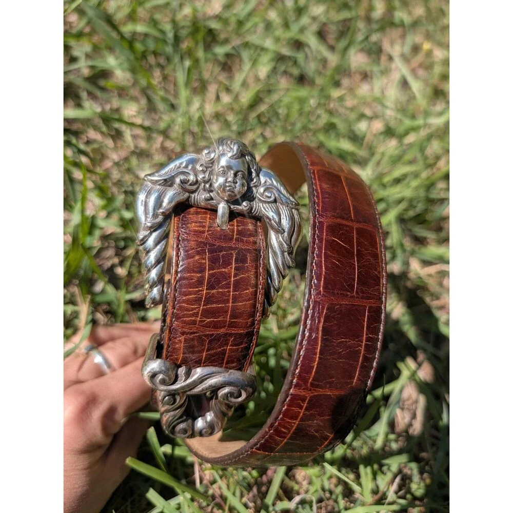 Brighton Vintage 1995 Cupid Angel Brown Croc Leather Women's Belt Size Medium